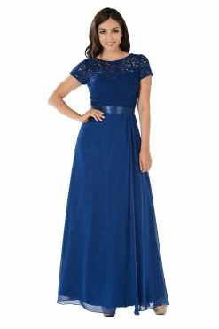 Long Navy Dress With Short-Sleeved Lace Bodice By Poly USA