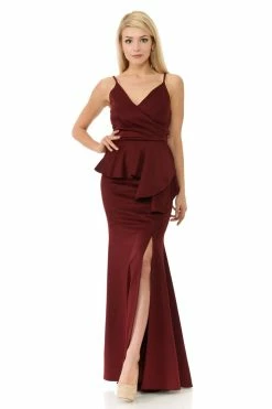 Pleated Long V-Neck Peplum Dress By Lenovia 5174 -Dresses Shop long pleated v neck peplum dress by lenovia 5174 long formal dresses lenovia s burgundy 851677
