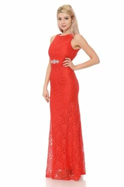 Long Red Lace Dress With Open Bow Back By Lenovia -Dresses Shop long red lace dress with open bow back by lenovia long formal dresses lenovia 759835