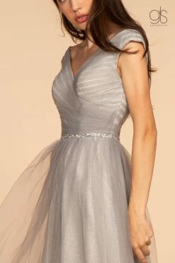 Long Ruched V-Neck Dress With Jeweled Waistband By Elizabeth K GL2560 -Dresses Shop long ruched v neck dress with jeweled waistband by elizabeth k gl2560 long formal dresses elizabeth k 192454