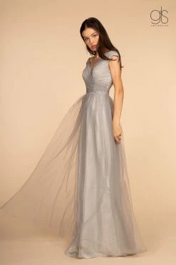 Long Ruched V-Neck Dress With Jeweled Waistband By Elizabeth K GL2560
