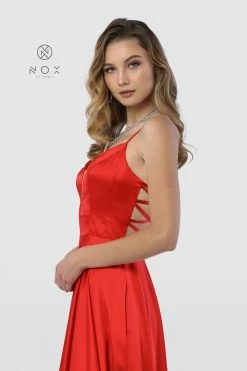 Long Satin V-Neck Dress With Open Caged Back By Nox Anabel A180 -Dresses Shop long satin v neck dress with open caged back by nox anabel a180 long formal dresses nox anabel 240538