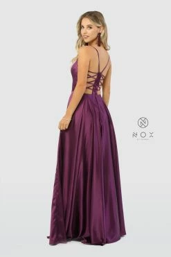 Long Satin V-Neck Dress With Open Caged Back By Nox Anabel A180 -Dresses Shop long satin v neck dress with open caged back by nox anabel a180 long formal dresses nox anabel 322452