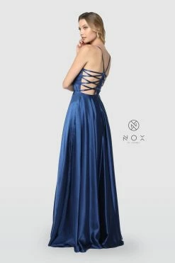 Long Satin V-Neck Dress With Open Caged Back By Nox Anabel A180 -Dresses Shop long satin v neck dress with open caged back by nox anabel a180 long formal dresses nox anabel 677938