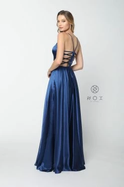 Long Satin V-Neck Dress With Open Caged Back By Nox Anabel A180 -Dresses Shop long satin v neck dress with open caged back by nox anabel a180 long formal dresses nox anabel 956083