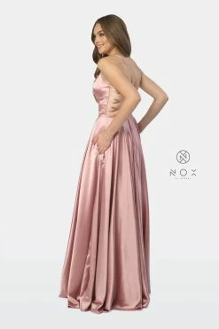 Long Satin V-Neck Dress With Open Caged Back By Nox Anabel A180 -Dresses Shop long satin v neck dress with open caged back by nox anabel a180 long formal dresses nox anabel 985318