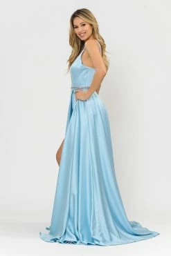 Long Satin V-Neck Dress With Short Skirt By Poly USA 8604 -Dresses Shop long satin v neck dress with short skirt by poly usa 8604 long formal dresses poly usa 282706