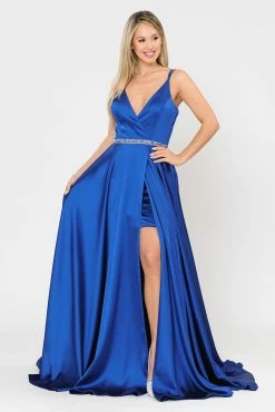 Long Satin V-Neck Dress With Short Skirt By Poly USA 8604 -Dresses Shop long satin v neck dress with short skirt by poly usa 8604 long formal dresses poly usa 321256