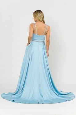 Long Satin V-Neck Dress With Short Skirt By Poly USA 8604 -Dresses Shop long satin v neck dress with short skirt by poly usa 8604 long formal dresses poly usa 393558