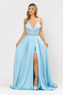 Long Satin V-Neck Dress With Short Skirt By Poly USA 8604 -Dresses Shop long satin v neck dress with short skirt by poly usa 8604 long formal dresses poly usa 653381