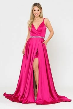 Long Satin V-Neck Dress With Short Skirt By Poly USA 8604