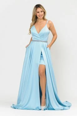 Long Satin V-Neck Dress With Short Skirt By Poly USA 8604 -Dresses Shop long satin v neck dress with short skirt by poly usa 8604 long formal dresses poly usa xs light blue 499068