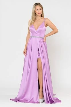 Long Satin V-Neck Dress With Short Skirt By Poly USA 8604 -Dresses Shop long satin v neck dress with short skirt by poly usa 8604 long formal dresses poly usa xs lilac 835978