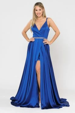 Long Satin V-Neck Dress With Short Skirt By Poly USA 8604 -Dresses Shop long satin v neck dress with short skirt by poly usa 8604 long formal dresses poly usa xs royal blue 408922