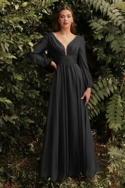 Long Sleeve Chiffon Gown By Cinderella Divine CD0192 -Dresses Shop long sleeve chiffon gown by cinderella divine cd0192 long formal dresses cinderella divine s black 185856