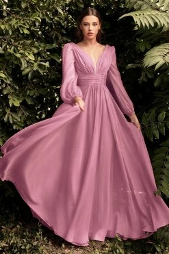 Long Sleeve Chiffon Gown By Cinderella Divine CD0192 -Dresses Shop long sleeve chiffon gown by cinderella divine cd0192 long formal dresses cinderella divine s blossom pink 565380