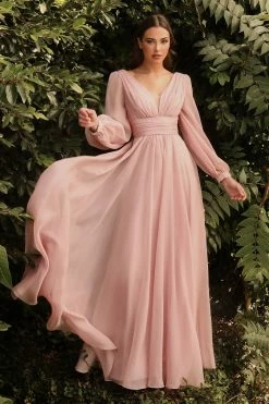 Long Sleeve Chiffon Gown By Cinderella Divine CD0192 -Dresses Shop long sleeve chiffon gown by cinderella divine cd0192 long formal dresses cinderella divine s blush 272395