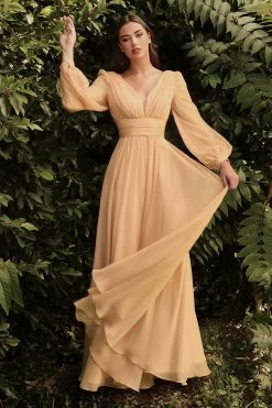 Long Sleeve Chiffon Gown By Cinderella Divine CD0192 -Dresses Shop long sleeve chiffon gown by cinderella divine cd0192 long formal dresses cinderella divine s champagne 177227