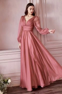 Long Sleeve Chiffon Gown By Cinderella Divine CD0192