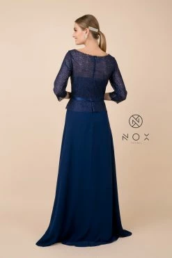 Long-Sleeve Gown With Beaded Lace Bodice By Nox Anabel M520 -Dresses Shop long sleeve gown with beaded lace bodice by nox anabel m520 long formal dresses nox anabel 247580