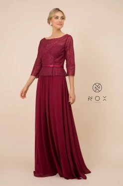 Long-Sleeve Gown With Beaded Lace Bodice By Nox Anabel M520 -Dresses Shop long sleeve gown with beaded lace bodice by nox anabel m520 long formal dresses nox anabel m burgundy 889177