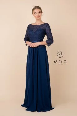 Long-Sleeve Gown With Beaded Lace Bodice By Nox Anabel M520 -Dresses Shop long sleeve gown with beaded lace bodice by nox anabel m520 long formal dresses nox anabel m navy 369318