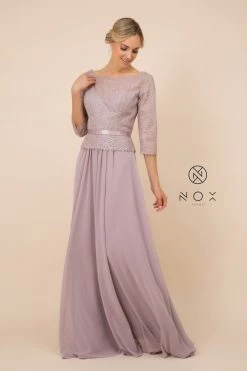 Long-Sleeve Gown With Beaded Lace Bodice By Nox Anabel M520 -Dresses Shop long sleeve gown with beaded lace bodice by nox anabel m520 long formal dresses nox anabel m tan mauve 668488