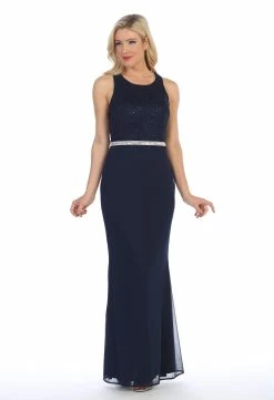 Long Sleeveless Dress With Floral Lace Bodice By Celavie 6253-L