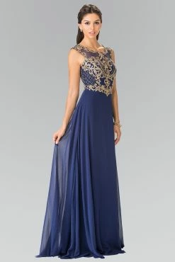 Long Sleeveless Dress With Gold Applique By Elizabeth K GL2316 -Dresses Shop long sleeveless dress with gold applique by elizabeth k gl2316 long formal dresses elizabeth k xs navy blue 717884