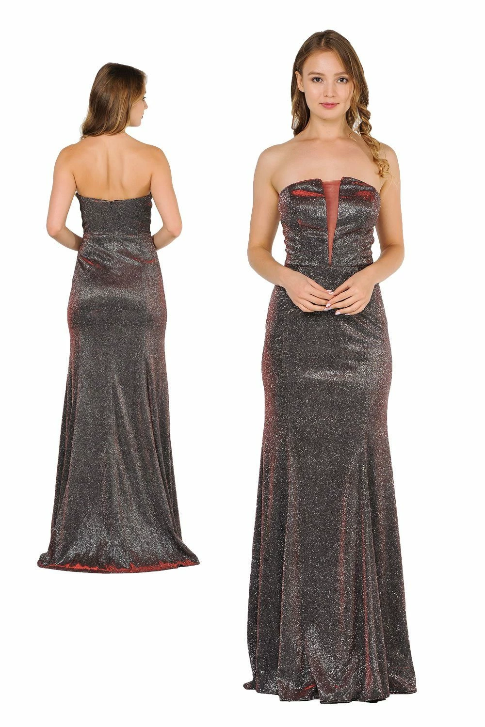 Long Strapless Metallic Glitter Dress By Poly USA 8490 3 Long Strapless Metallic Glitter Dress By Poly USA 8490