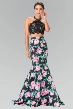 Long Two-Piece Floral Print Halter Dress By Elizabeth K GL2259