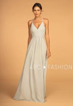 Long V-Neck Chiffon Dress With Pleated Bodice By Elizabeth K GL2609