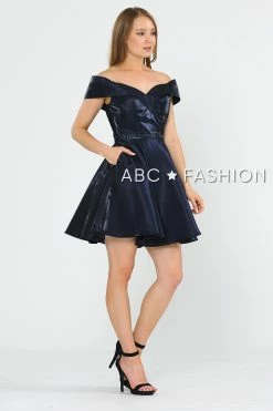 Metallic Short Off The Shoulder Dress By Poly USA 8238 -Dresses Shop metallic short off the shoulder dress by poly usa 8238 short cocktail dresses poly usa xs navy 699428