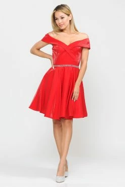 Metallic Short Off The Shoulder Dress By Poly USA 8238 -Dresses Shop metallic short off the shoulder dress by poly usa 8238 short cocktail dresses poly usa xs red 888731