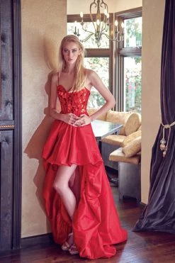 Mirror Beaded High Low Corset Dress By Juliet 252 -Dresses Shop mirror beaded high low corset dress by juliet 252 long formal dresses juliet xs red 339436