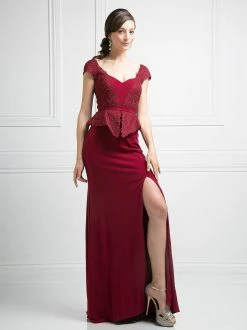 Fitted Cap Sleeve Lace Dress With Slit By Cinderella Divine DS317 -Dresses Shop mock two piece dress with slit by cinderella divine ds317 long formal dresses cinderella divine 6 burgundy 997890