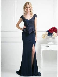 Fitted Cap Sleeve Lace Dress With Slit By Cinderella Divine DS317