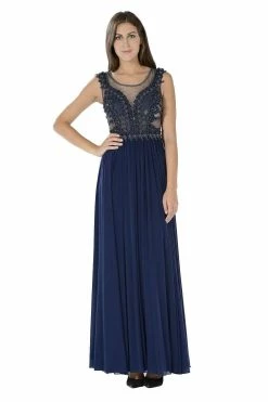Navy Blue Long Illusion Dress With Beaded Bodice By Poly USA