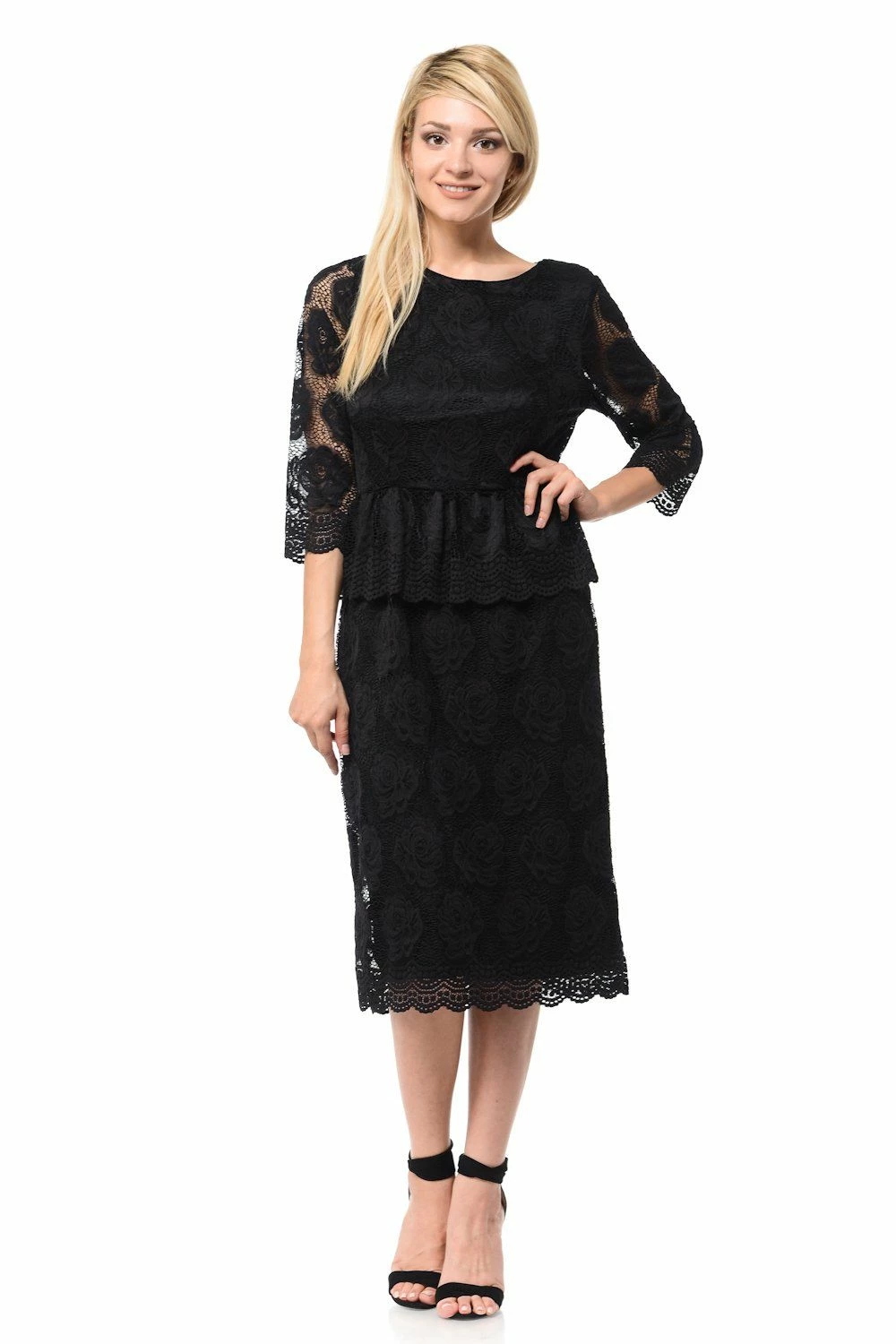 Navy Blue Short Floral Lace Dress With Sleeves By Lenovia 15 Navy Blue Short Floral Lace Dress With Sleeves By Lenovia - Image 13