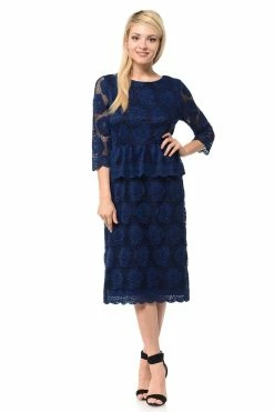 Navy Blue Short Floral Lace Dress With Sleeves By Lenovia