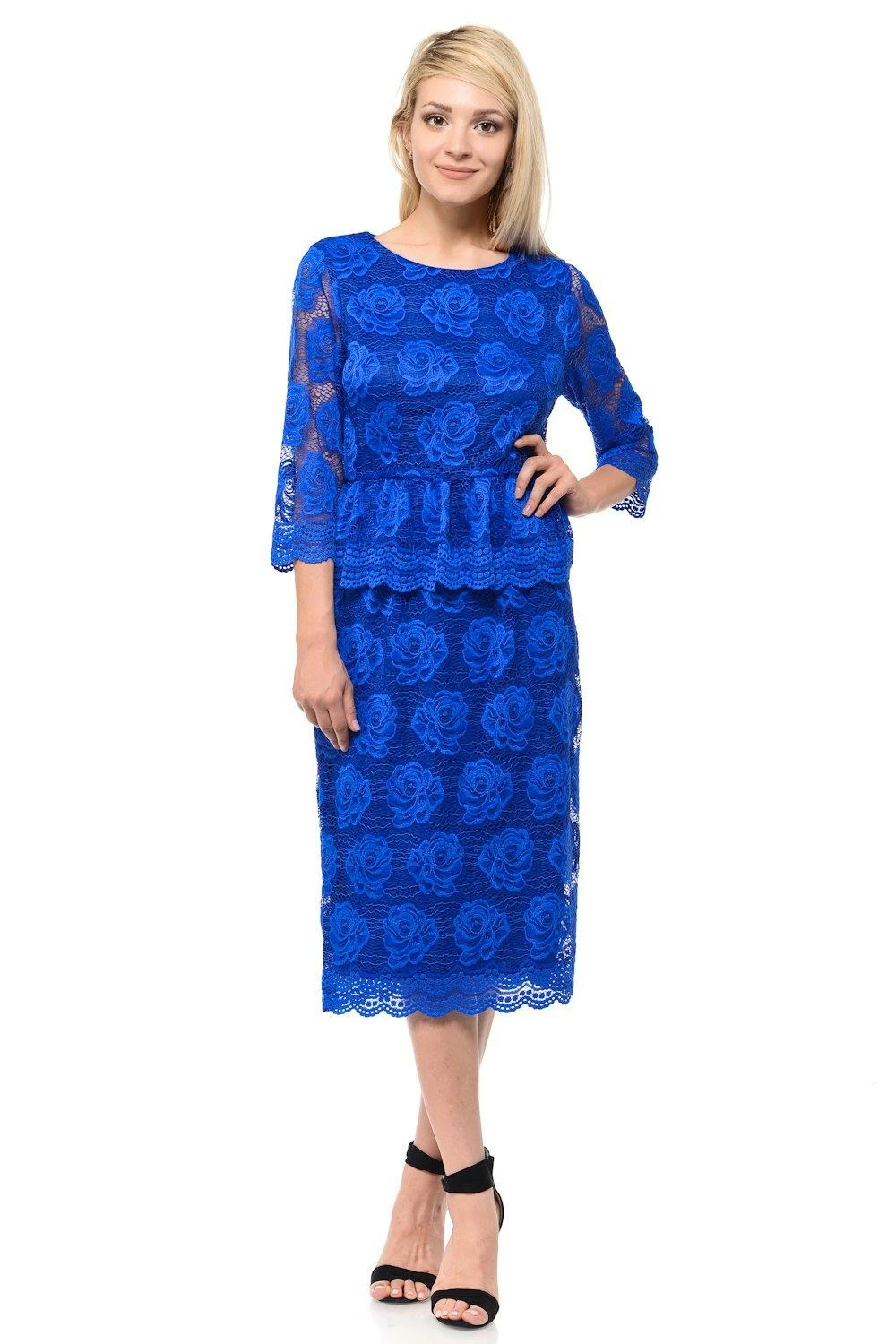 Navy Blue Short Floral Lace Dress With Sleeves By Lenovia 9 Navy Blue Short Floral Lace Dress With Sleeves By Lenovia - Image 7