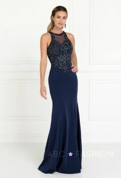 Navy Mermaid Gown With Beaded Illusion Bodice By Elizabeth K GL1568