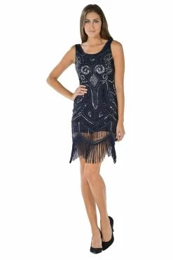 Navy Short Sequined Flapper Fringe Dress By Poly USA