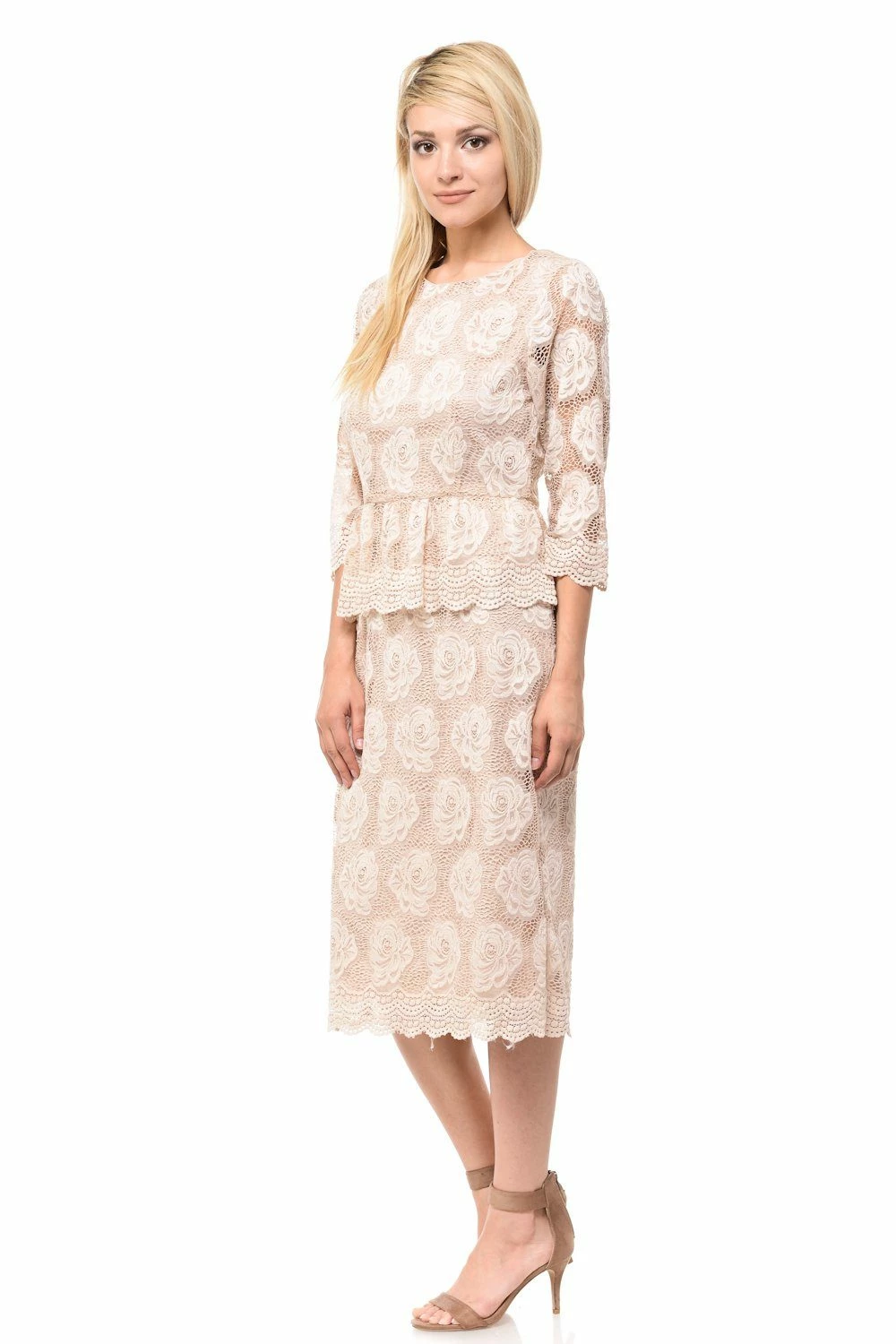 Nude Short Floral Lace Dress With Sleeves By Lenovia 5 Nude Short Floral Lace Dress With Sleeves By Lenovia - Image 3