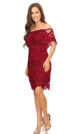 Off The Shoulder Short Flounce Lace Dress By Celavie 8508 -Dresses Shop off the shoulder short flounce lace dress by celavie 8508 short cocktail dresses celavie s burgundy 736830