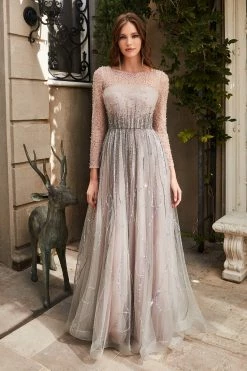 Pleated 3/4 Sleeve Tulle Gown By Cinderella Divine B701
