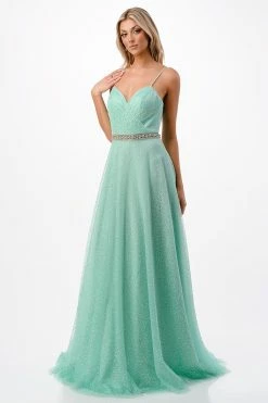 Pleated Goddess Glitter Tulle Gown By Coya P2105