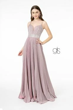 Pleated Long A-Line Metallic Glitter Dress By Elizabeth K GL2905
