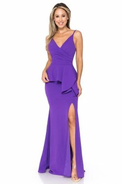 Pleated Long V-Neck Peplum Dress By Lenovia 5174