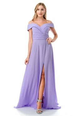 Pleated Off Shoulder A-line Slit Gown By Coya L2767Y
